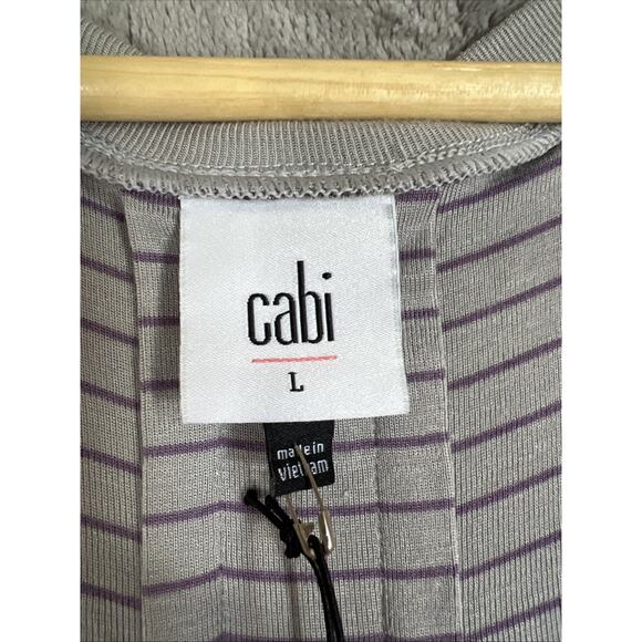 Cabi Shirt Womens Large Gray Plum Tee 4376 Pewter Stripe V Neck Long Sleeve NEW - Picture 3 of 9
